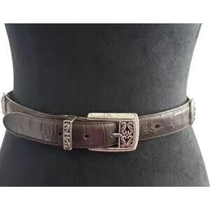 VTG 90s BRIGHTON Belt Western Silver Buckle Embossed Leather Croc Cowgirl Small